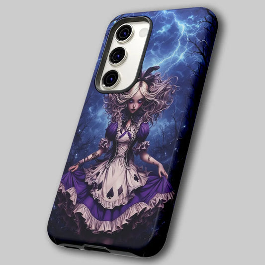 Angled view of gothic Alice phone case showing dual-layer shell.