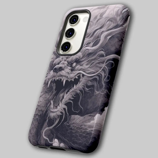 Angled view of traditional ink wash phone case showing dual-layer shell.