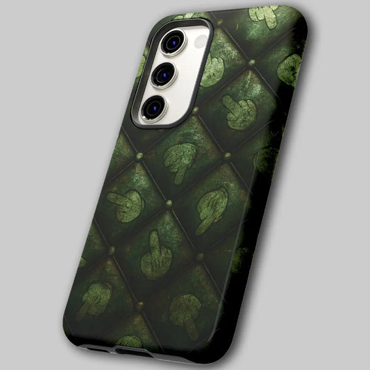 Angled view of grunge pattern phone case showing dual-layer shell.