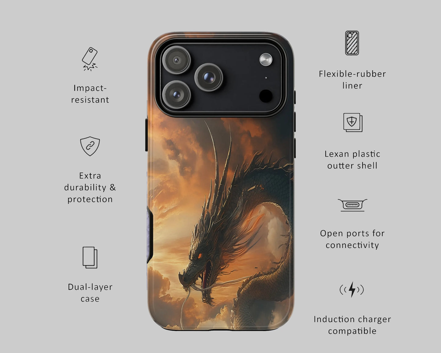 Dragon of the dusk tough phone case infographic showing dual-layer protection, raised bezels, and precision fit.