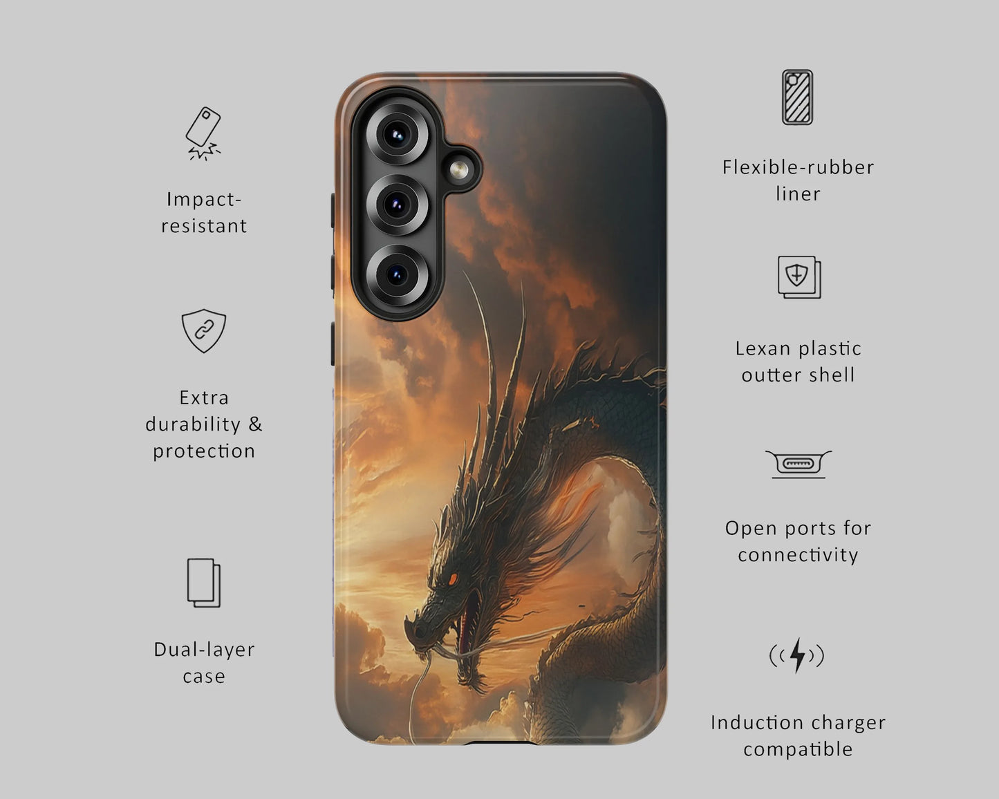 Dragon of the dusk tough phone case infographic showing dual-layer protection, raised bezels, and precision fit.