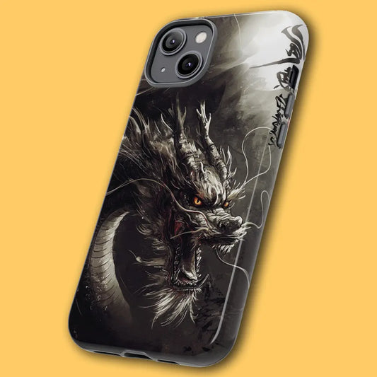 Angled view of mythical dragon phone case showing dual-layer shell.