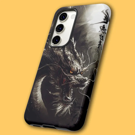 Angled view of mythical dragon phone case showing dual-layer shell.