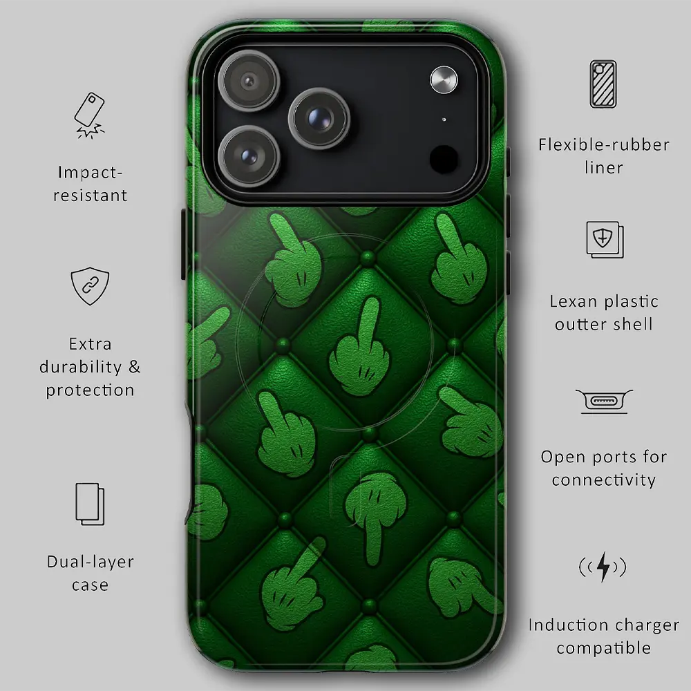 Graphic showing MagSafe snap-on features and shock absorption