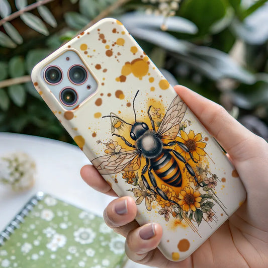 In-hand lifestyle shot holding the Golden Garden Bee case with warm amber tones and glossy finish.