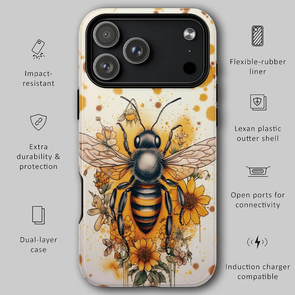 Gothic horned goddess tough phone case infographic showing dual-layer protection, raised bezels, and precision fit.