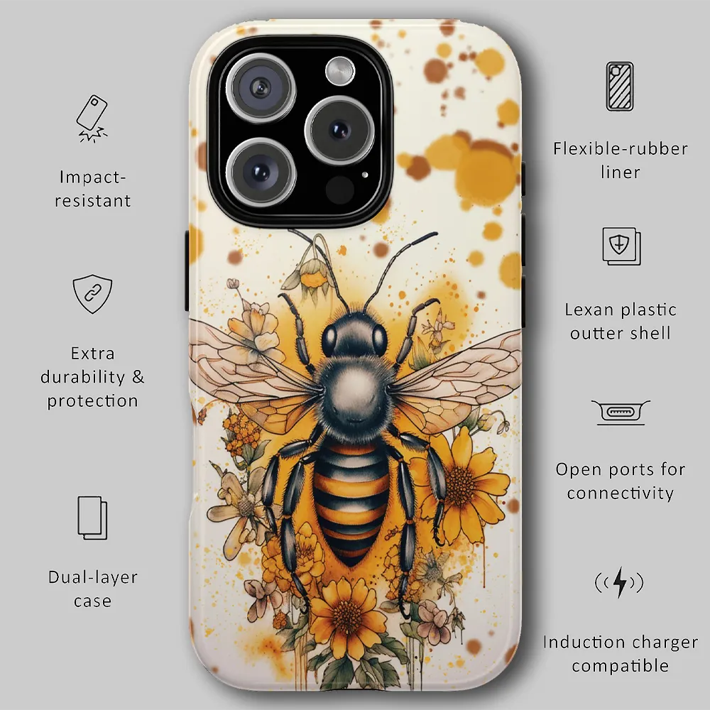 Gothic horned goddess tough phone case infographic showing dual-layer protection, raised bezels, and precision fit.