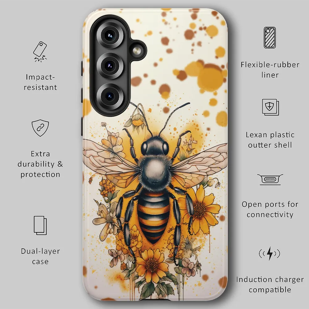 Golden Garden Bee tough phone case infographic showing dual-layer protection, raised bezels, and precision fit.