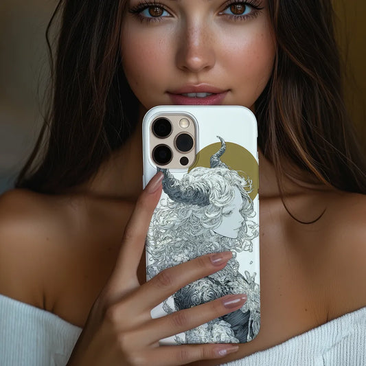 Gothic horned goddess phone case held in hand, showing calm mythic artwork with soft gothic detail in everyday use.