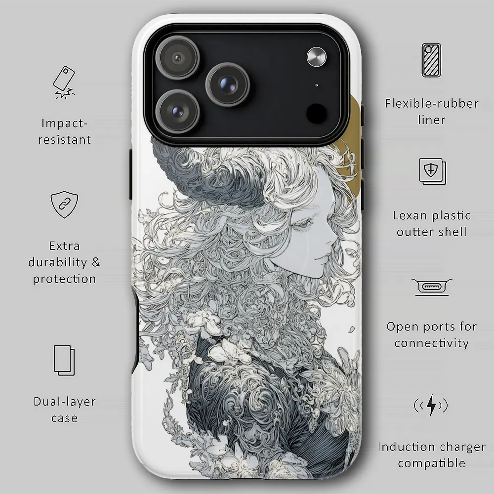 Gothic horned goddess tough phone case infographic showing dual-layer protection, raised bezels, and precision fit.