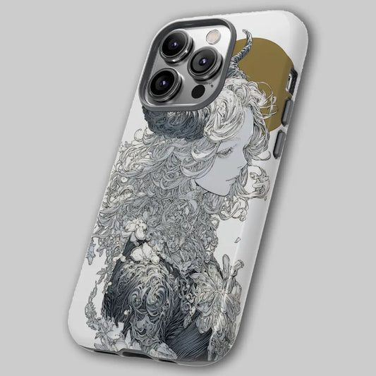 Gothic horned goddess tough phone case angled view showing flowing linework and balanced celestial composition.