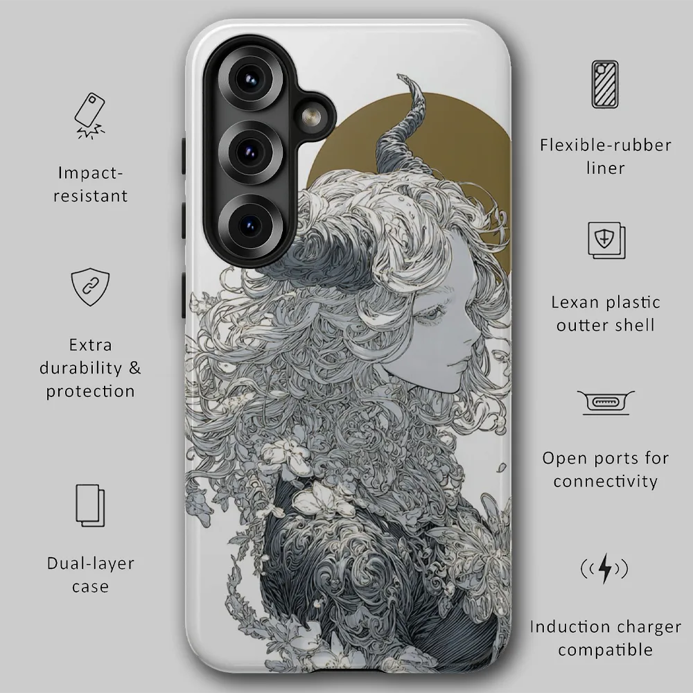 Gothic horned goddess tough phone case infographic showing dual-layer protection, raised bezels, and precision fit.