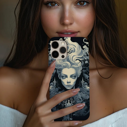 In-hand lifestyle shot of someone holding the Gothic White Witch tough phone case, highlighting the design and finish.