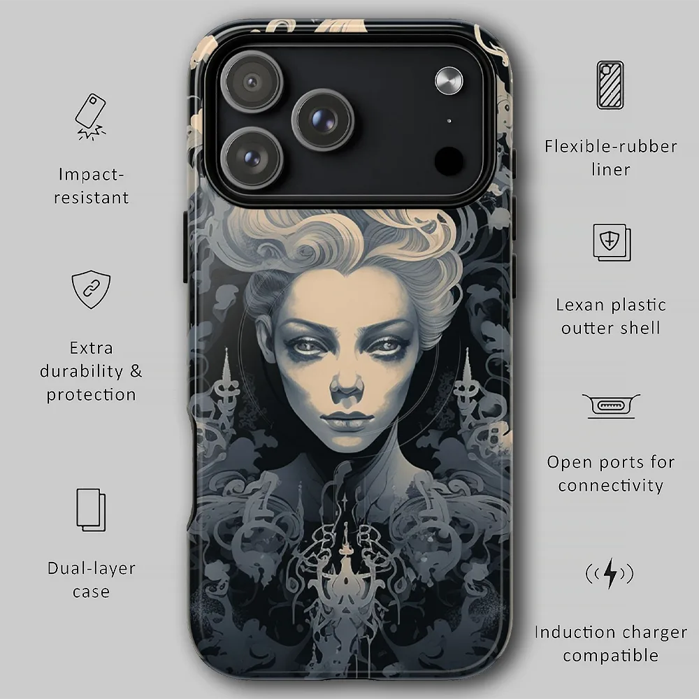 Gothic White Witch tough phone case infographic showing dual-layer protection, raised bezels, and precision fit.