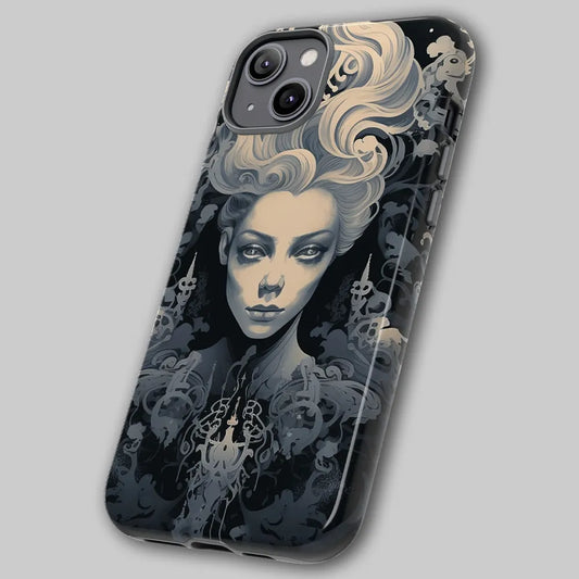 Angled view of the Gothic White Witch tough case showing dual-layer edges and intricate witch illustration.