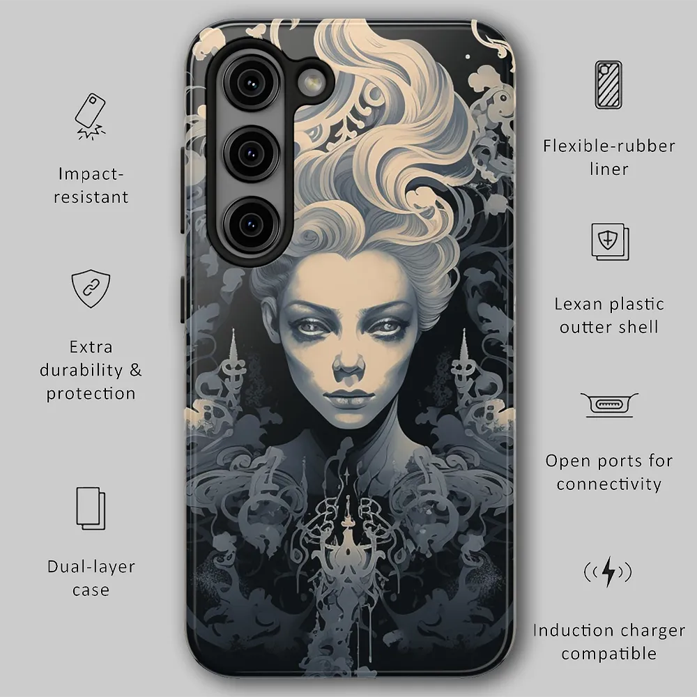 Gothic White Witch tough phone case infographic showing dual-layer protection, raised bezels, and precision fit.