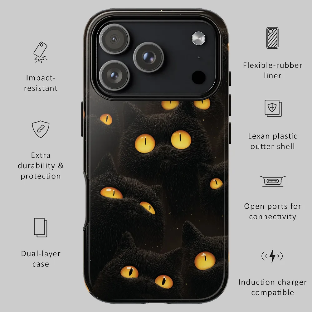 Hallo-Kitty phone case infographic view, showing protection features and induction charger compatibility