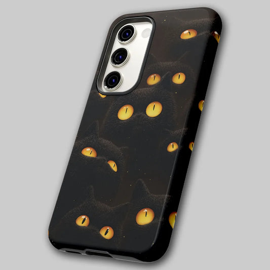 Hallo-Kitty tough phone case, angled view showing wraparound dark feline artwork