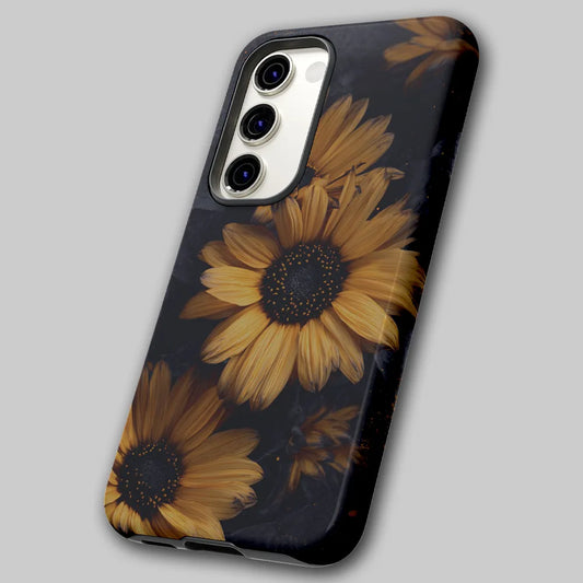 Angled view of the dark boho floral phone case showing the dual-layer protective shell.