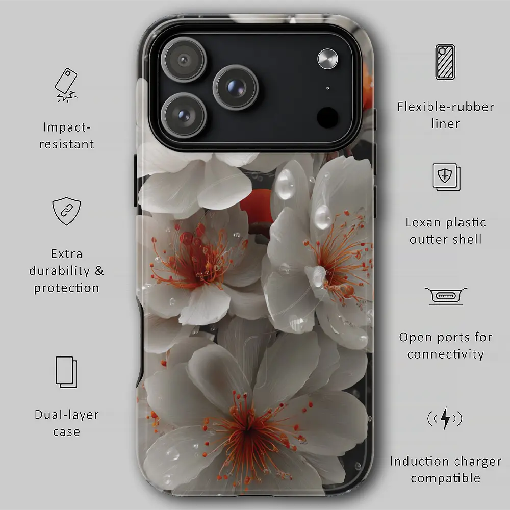 White cherry blossom tough phone case infographic showing dual-layer protection, raised bezels, and precision fit.