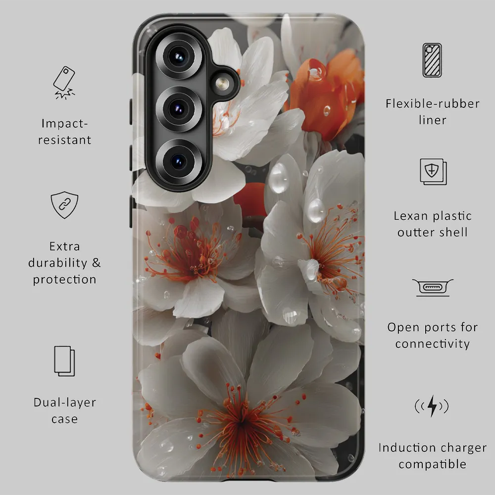 White cherry blossom tough phone case infographic showing dual-layer protection, raised bezels, and precision fit.