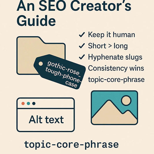 Visual guide to creator naming best practices — image filenames, alt text, and SEO-friendly URL handles shown in a minimal flat illustration.
