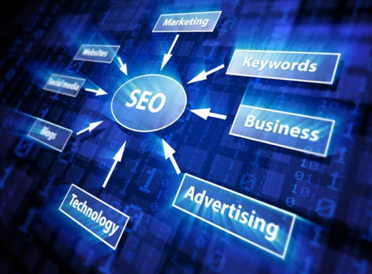 SEO diagram with a central SEO hub connected by arrows to keywords, marketing, business, advertising, technology, and websites on a blue digital background.