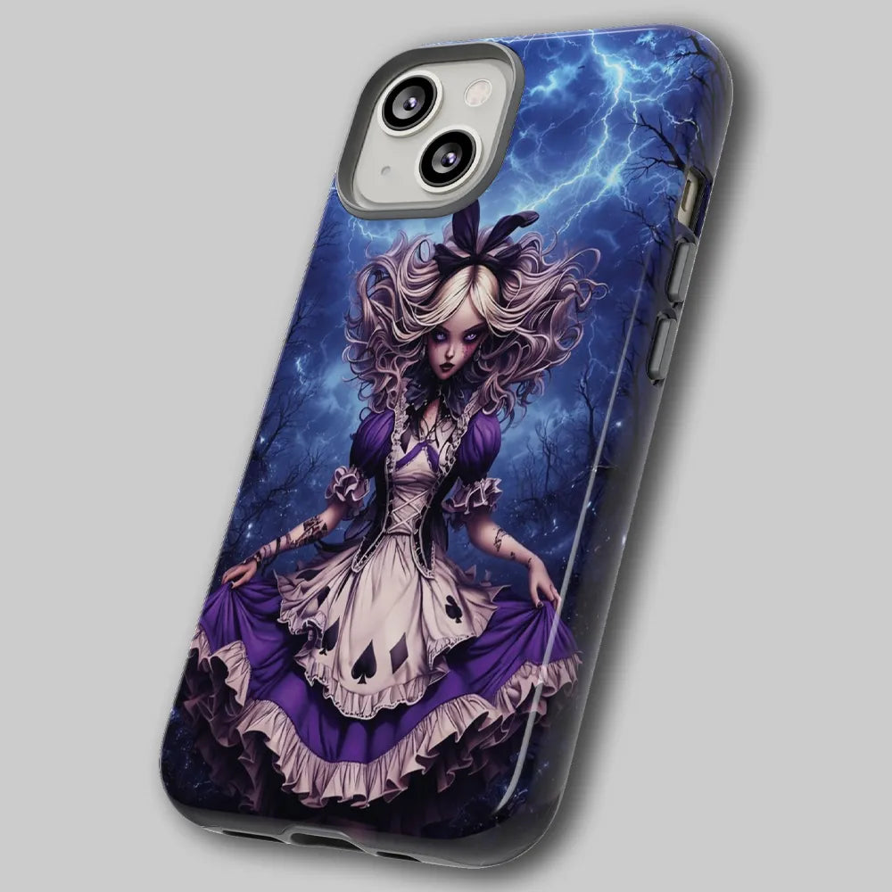Angled view of gothic Alice phone case showing dual-layer shell.