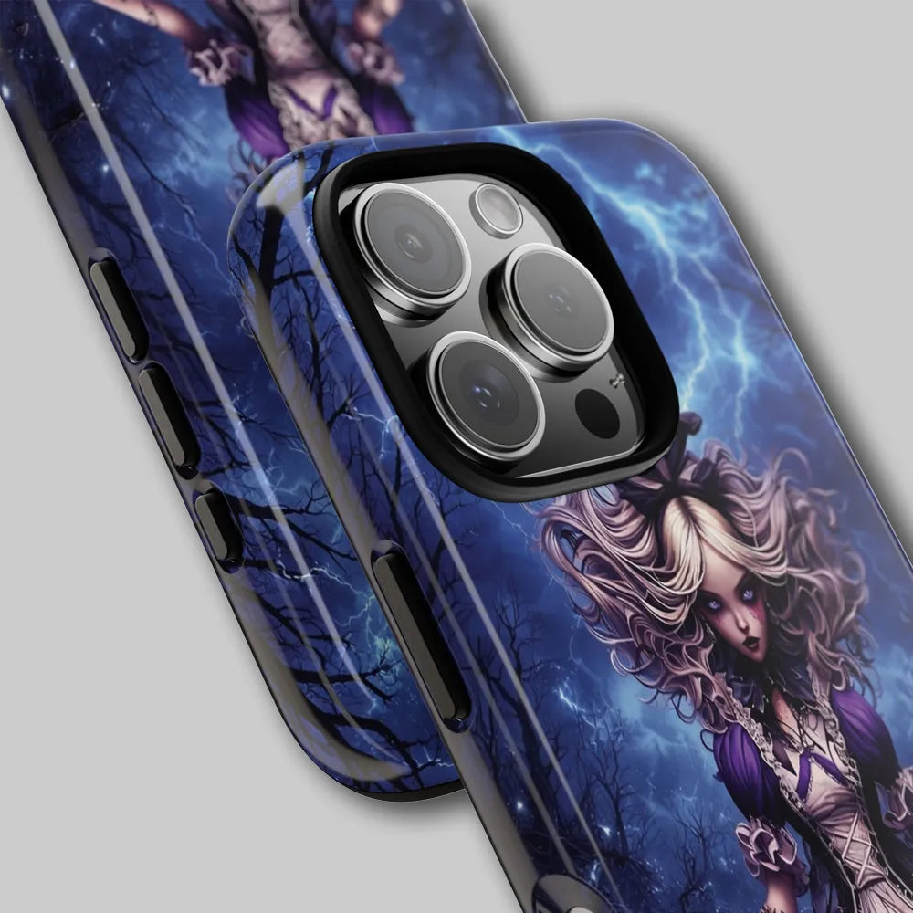 Close-up of electric blue lightning texture on the phone case.