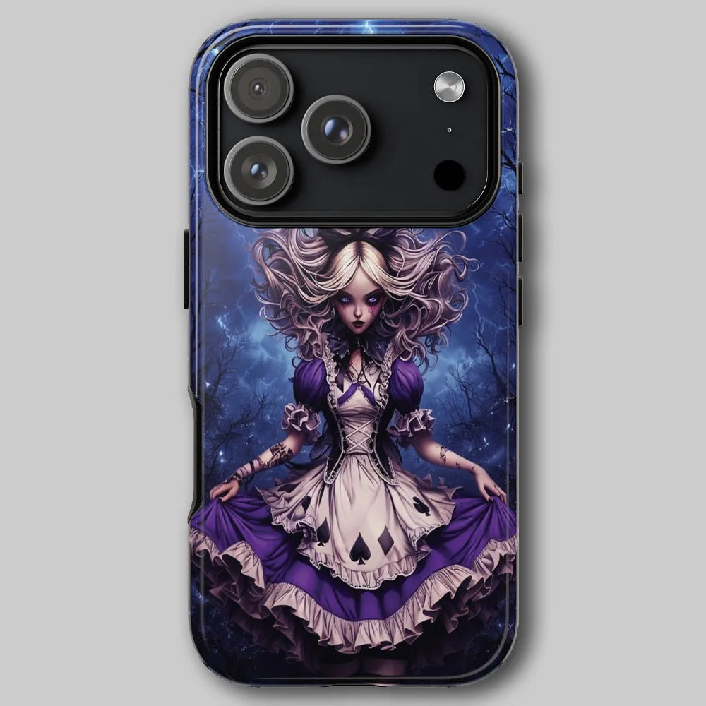 Alice tough phone case featuring dark fantasy art and lightning background.