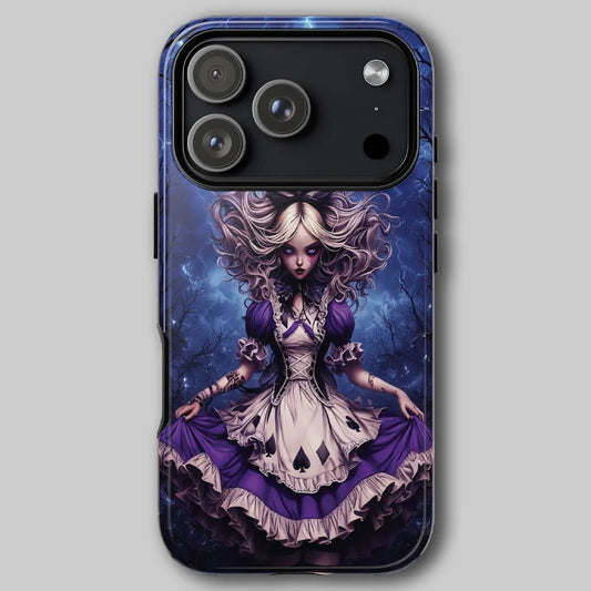 Alice tough phone case featuring dark fantasy art and lightning background.