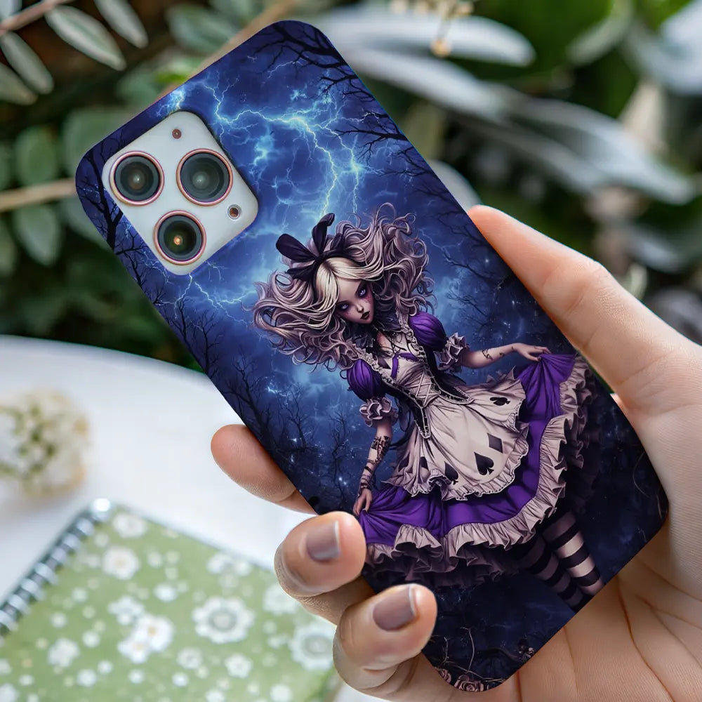 In-hand view of Alice case highlighting the violet dress and spade symbols