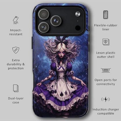 Graphic showing drop protection features and more for tough phone case.