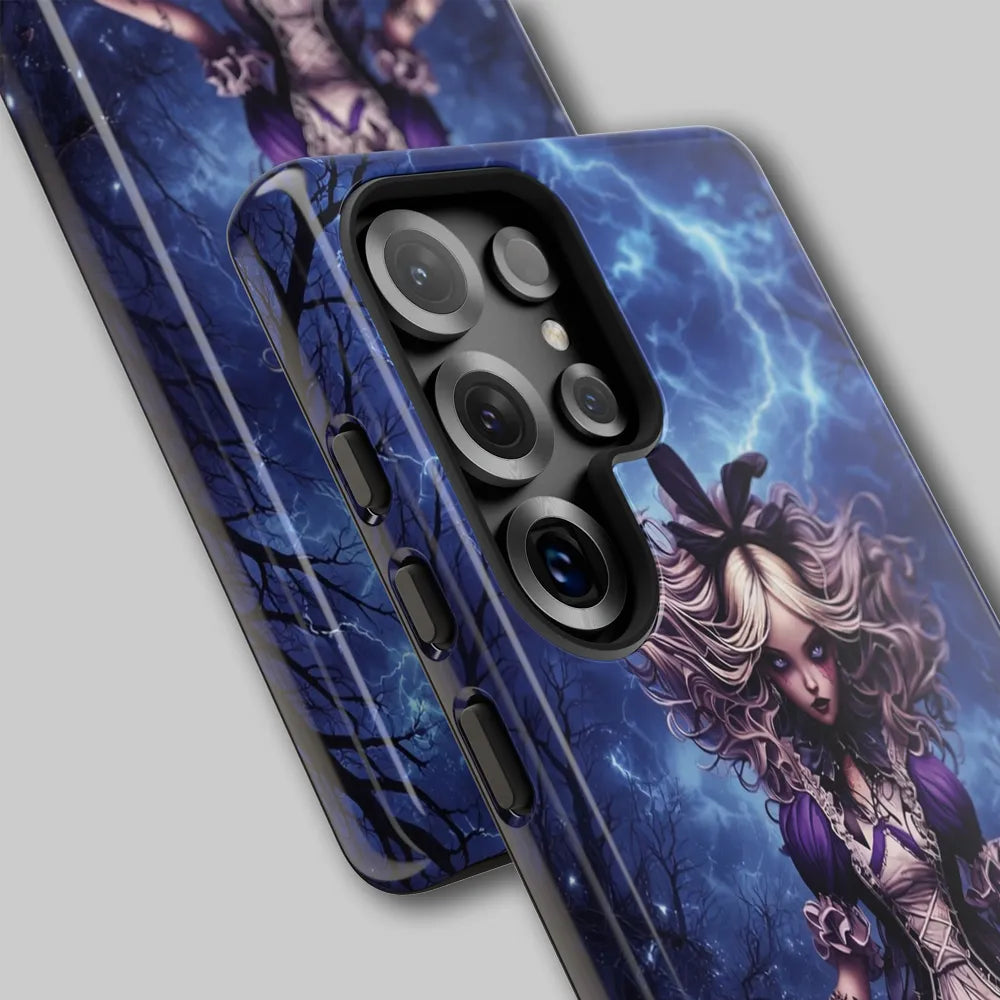 Close-up of electric blue lightning texture on the phone case.