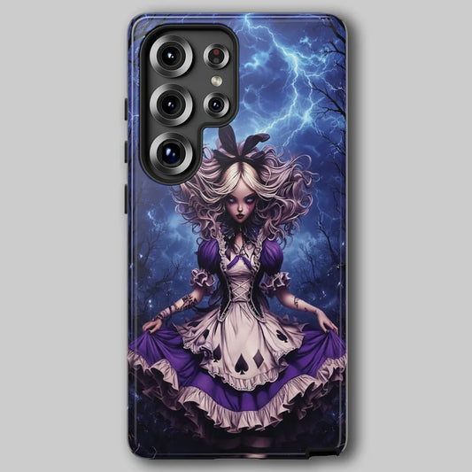 Alice tough phone case featuring dark fantasy art and lightning background.