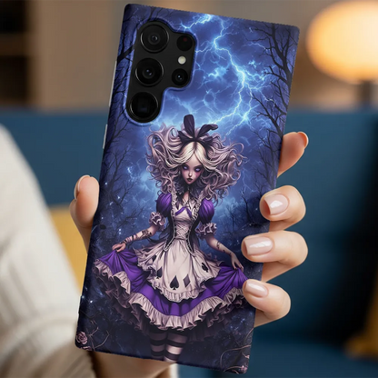 In-hand view of Alice case highlighting the violet dress and spade symbols