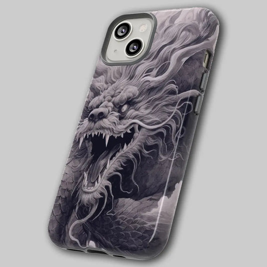 Angled view of traditional ink wash phone case showing dual-layer shell.