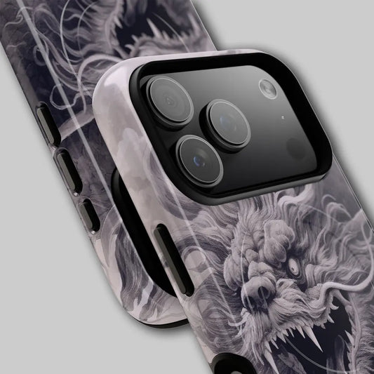 Close-up of fierce dragon teeth and flowing mane on the phone case.