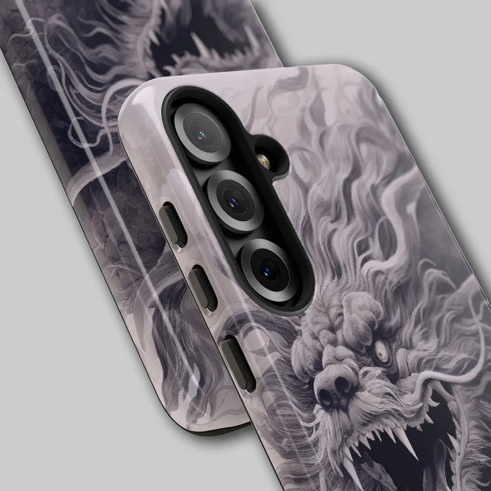Close-up of fierce dragon teeth and flowing mane on the phone case.