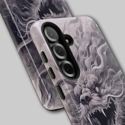 Close-up of fierce dragon teeth and flowing mane on the phone case.