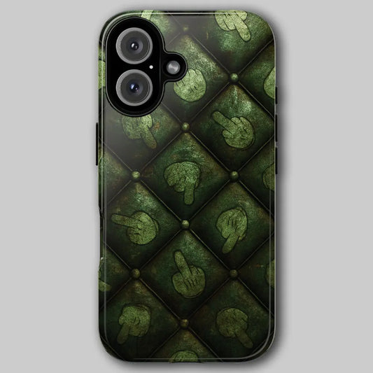 Dirty Finger tough phone case featuring dark green tufted texture and cartoon gloves.