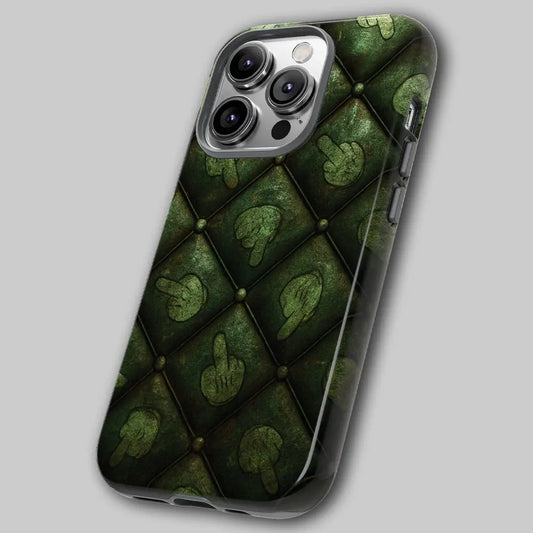 Angled view of grunge pattern phone case showing dual-layer shell.