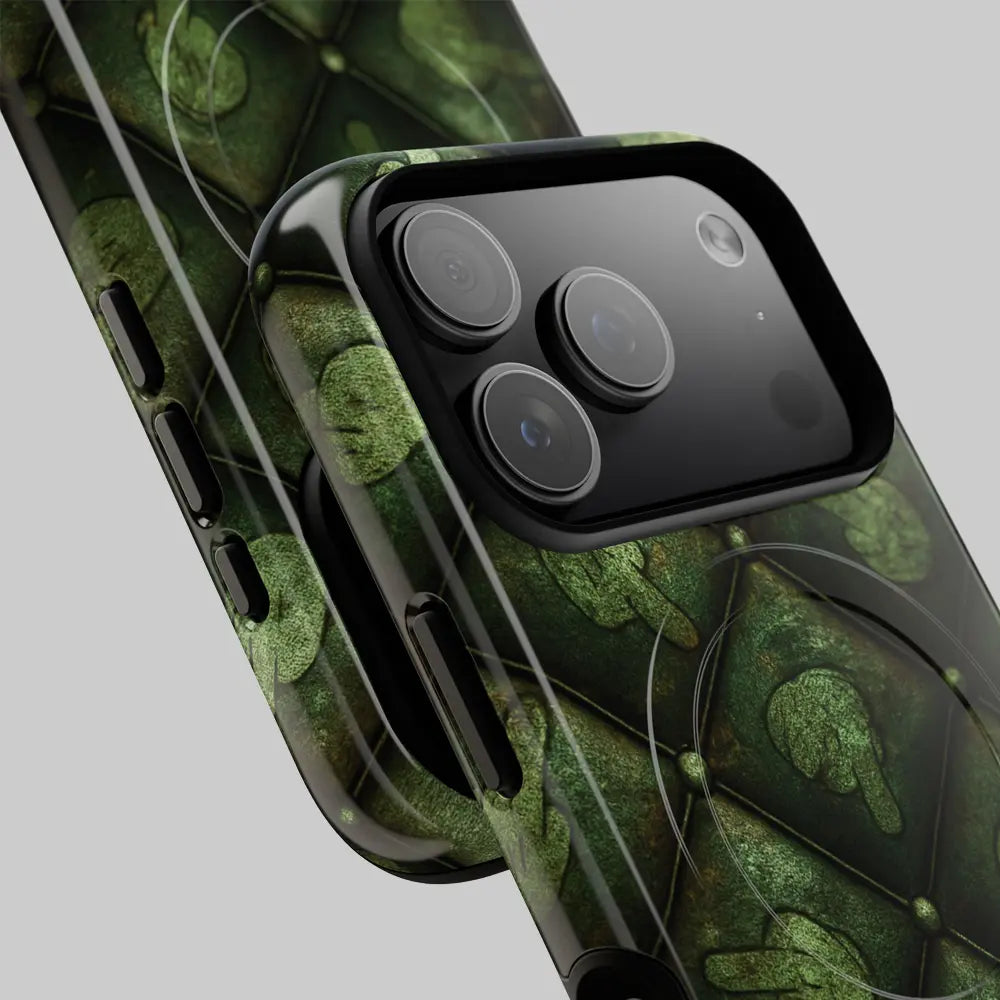 Close-up of dirty fingers artwork, exact button alignment and magnetic ring alignment in green tufted pattern.