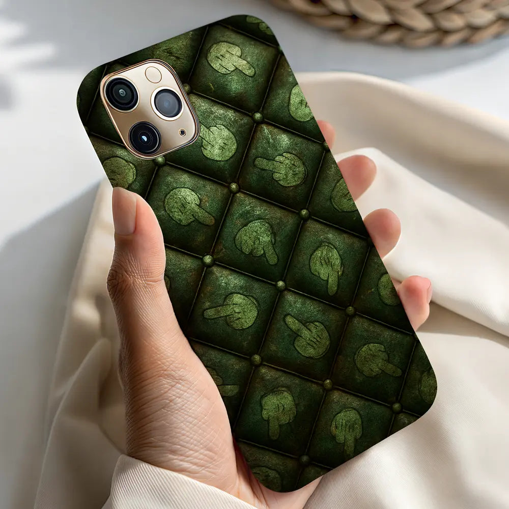 In-hand view of Dirty Finger case highlighting the industrial rust details.