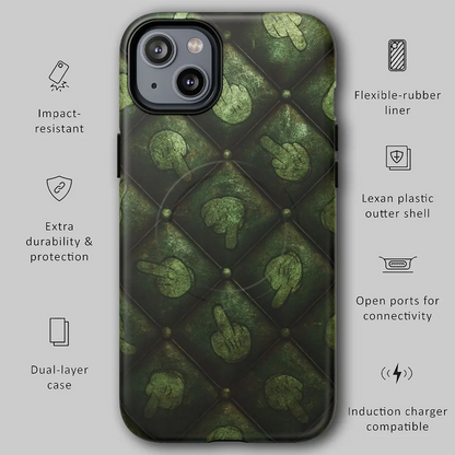 Graphic showing drop protection and other features for tough phone case.