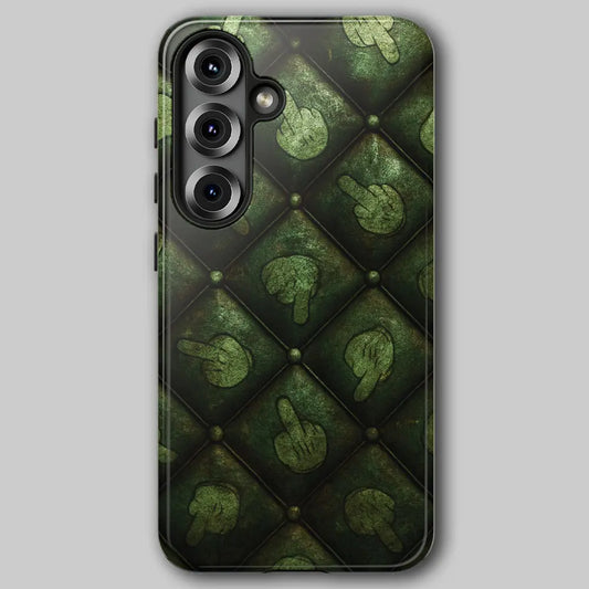 Dirty Finger tough phone case featuring dark green tufted texture and cartoon gloves.