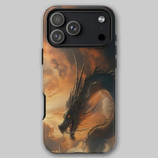 Dragon of the Dusk tough phone case front view against soft grey background with a celestial dragon flying through dusk clouds.