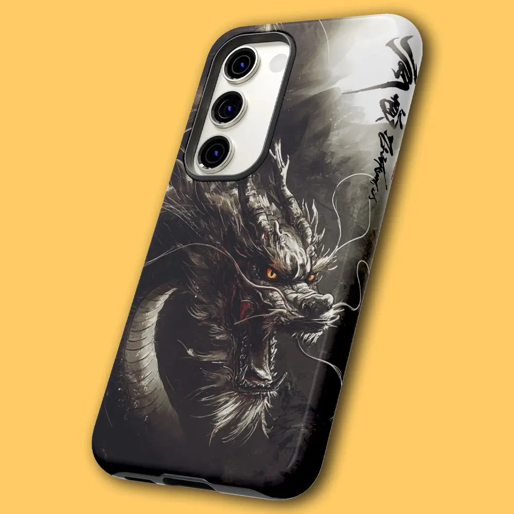Angled view of mythical dragon phone case showing dual-layer shell.