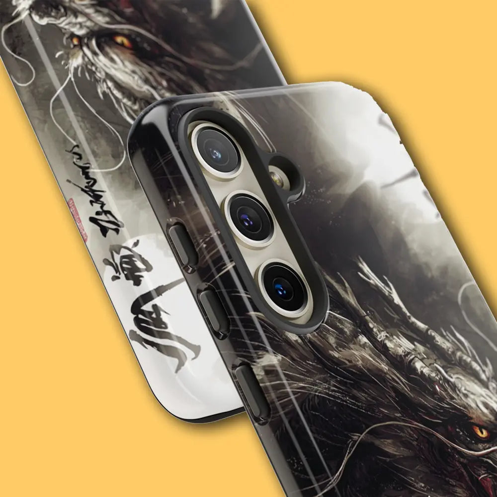 Close-up of sumi-e ink texture and scales on the phone case.