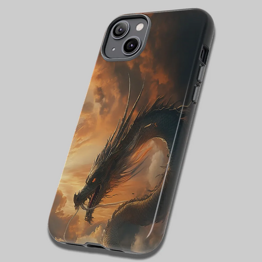 Angled view of the Dragon of the Dusk tough case showing dual-layer edges and detailed dragon scales in stormy sky.